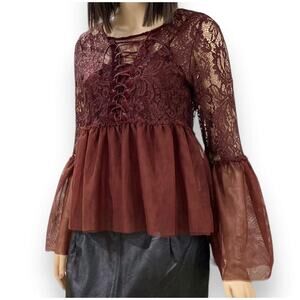 Coco + Jaimeson C+J Collection Boho Brown Lace Up Trumpet Sleeve Lace Top Sz M